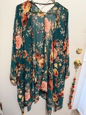 PinkBlush Teal Floral Open Cardigan with Pink & Yellow Roses